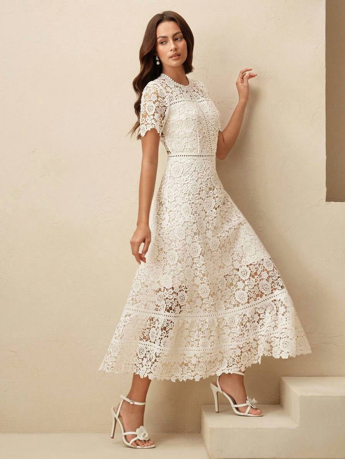 thumbnail image 3 of Apricot Lace Midi Dress with Short Sleeves, 3 of 8