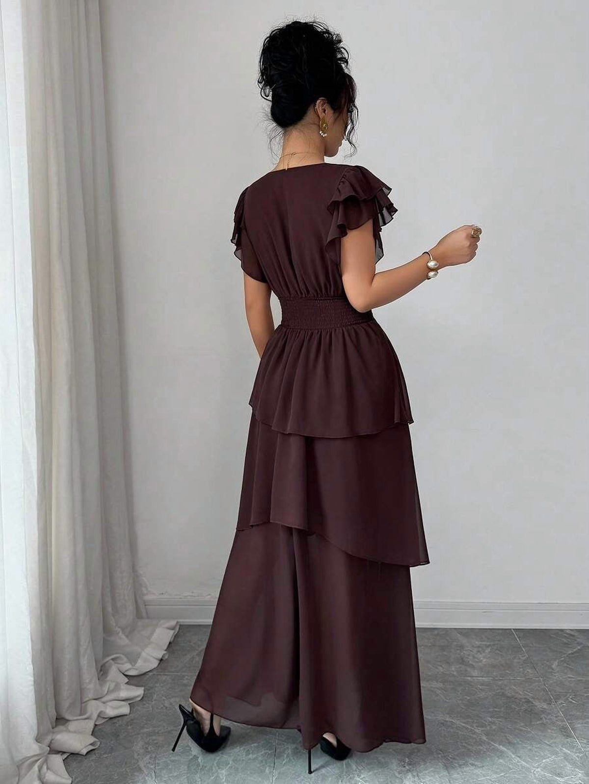 thumbnail image 2 of Womens Brown V-Neck Tiered Ruffle Maxi Dress Flutter Sleeve Asymmetric Hem, 2 of 7