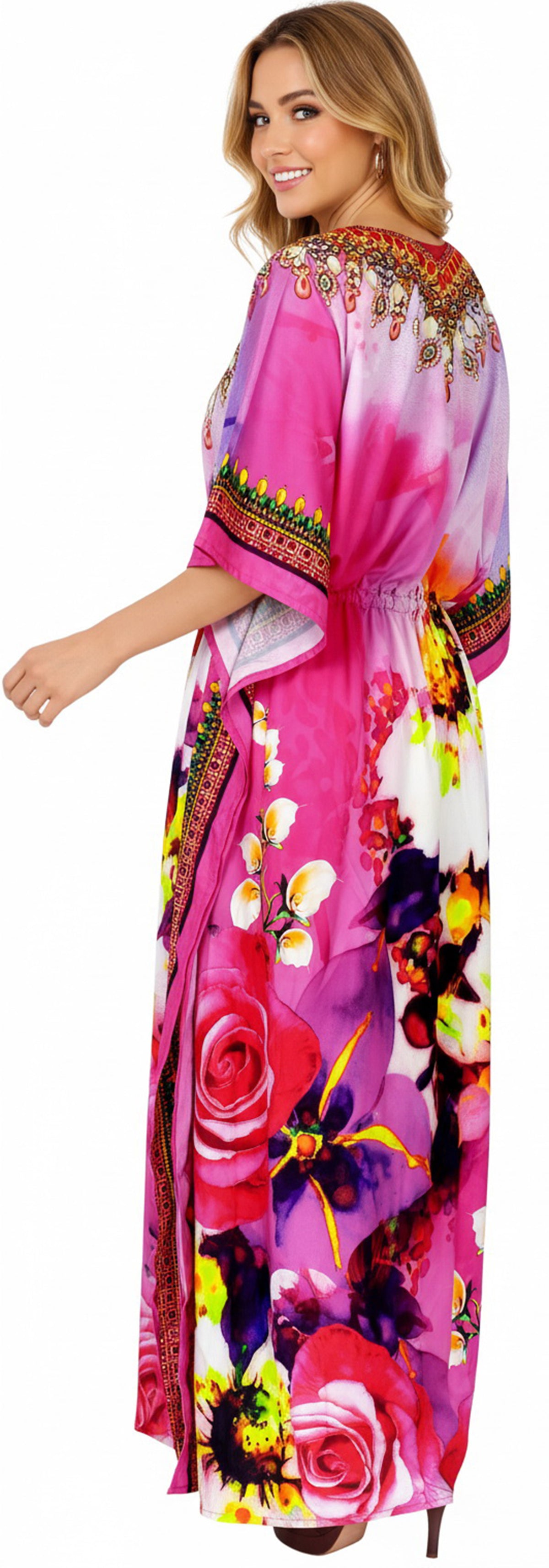 thumbnail image 2 of HAPPY BAY Women's Summer African Beach Maxi Plus Size Ethnic Print Caftan Casual Slit Dress Loungewear Dashiki Dresses for Women 2X-3X Rose, Blossom, 2 of 5