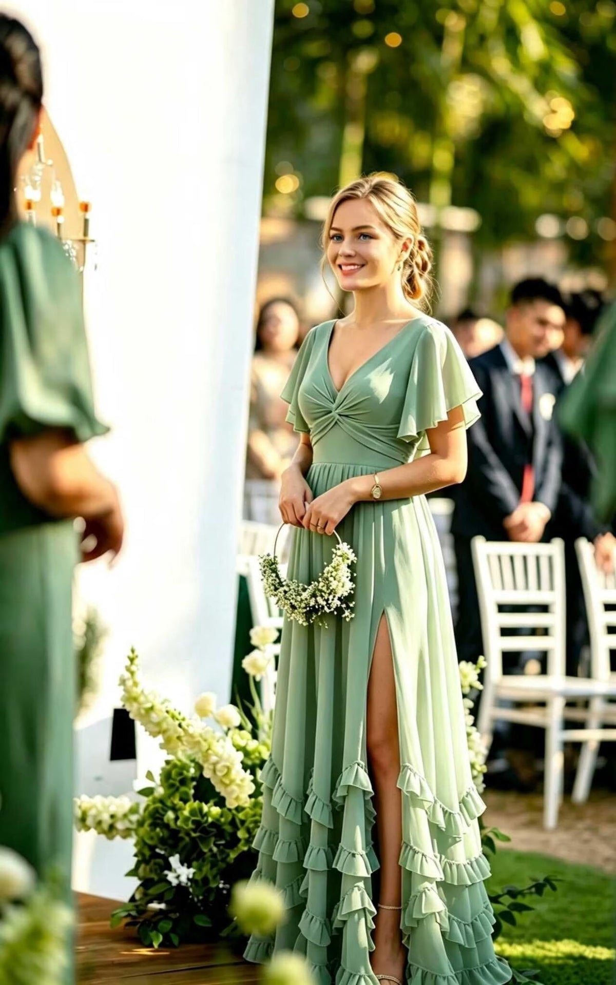 thumbnail image 4 of optkeat Chiffon V Neck Ruffle Bridesmaid Dress, Flutter Sleeve Split Floor Length Formal Gown, 4 of 7