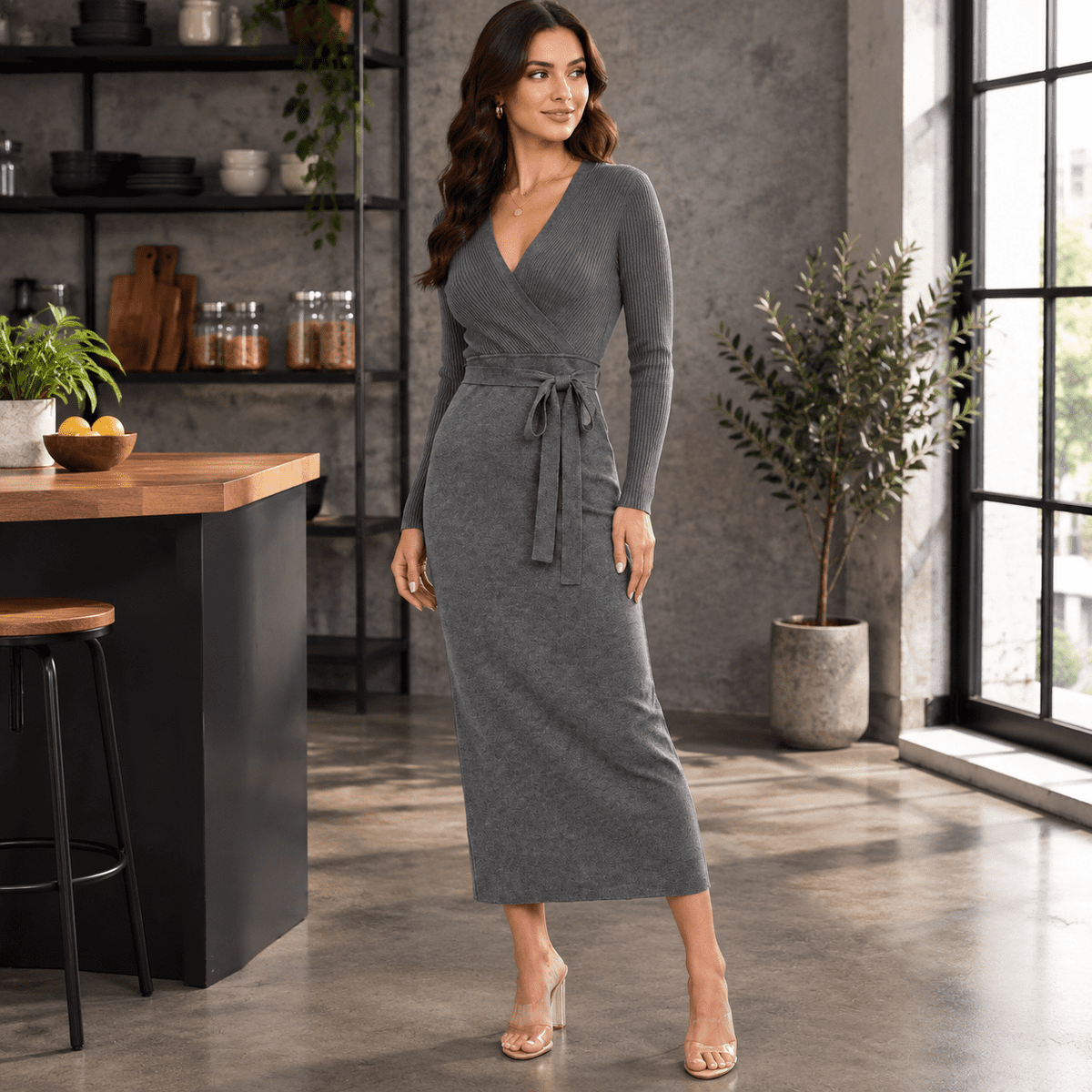 thumbnail image 3 of Women's Long Sleeve Wrap V-Neck Midi Dress, Dark Grey-Medium, 3 of 6