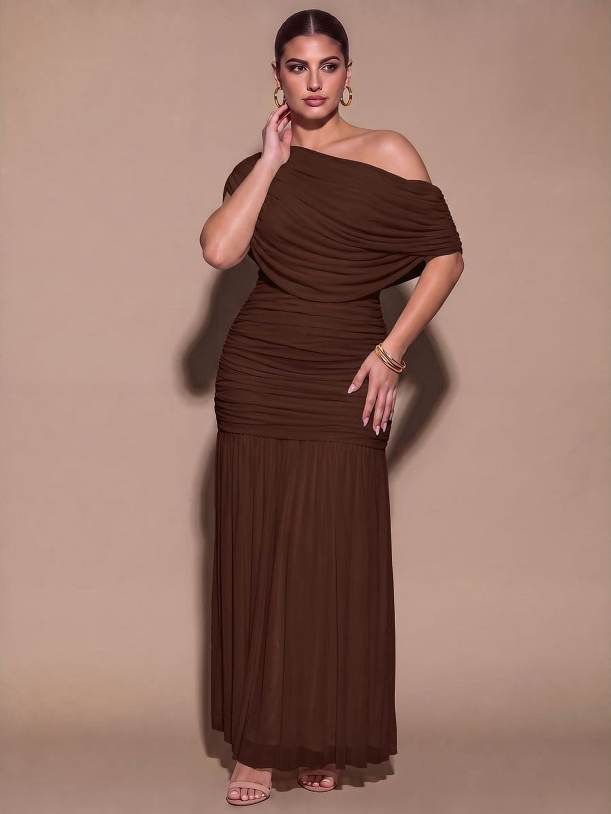 thumbnail image 3 of Womens Coffee Brown One Shoulder Long Dress, Elegant Pleated Party Gown, 3 of 7