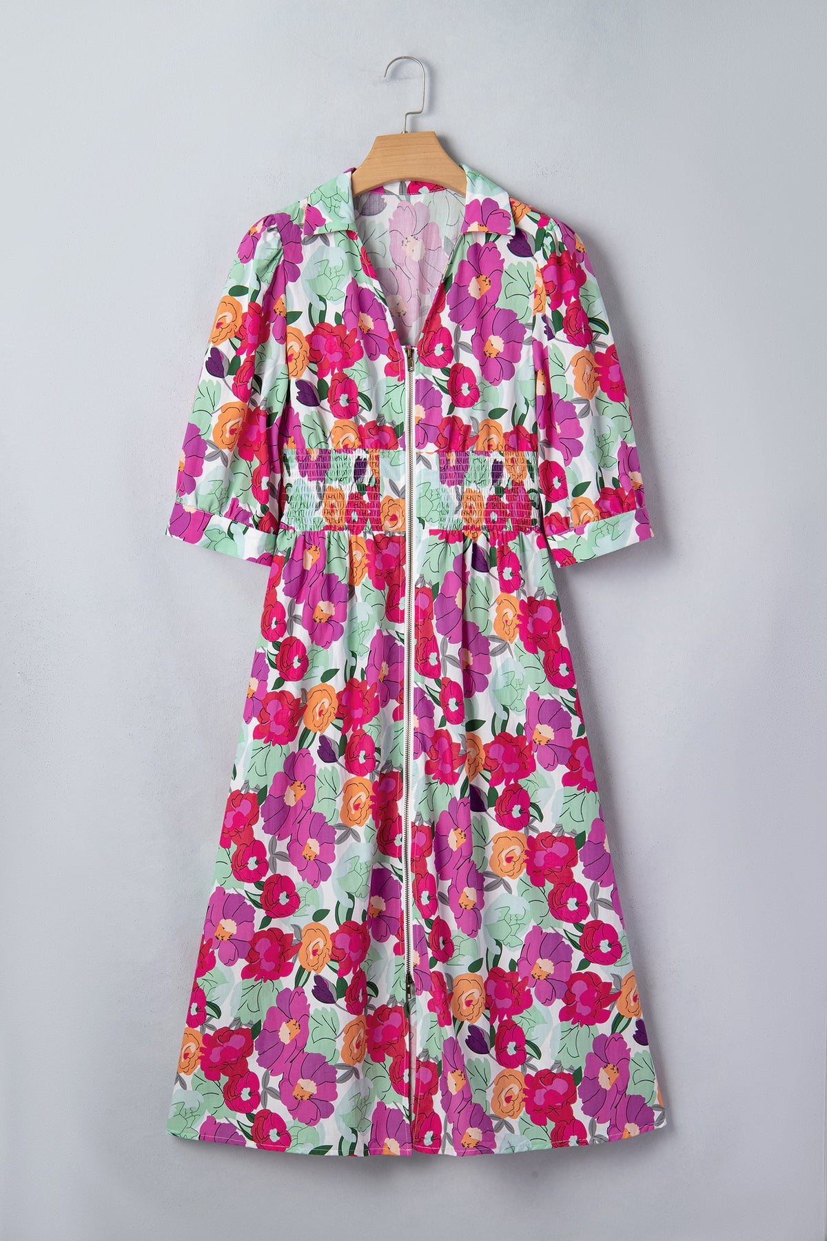 thumbnail image 6 of Women's Floral Midi Dress – V Neck Zip Up Shift Dress with Shirred Waist, Casual Summer Vacation Style, XL, 6 of 12