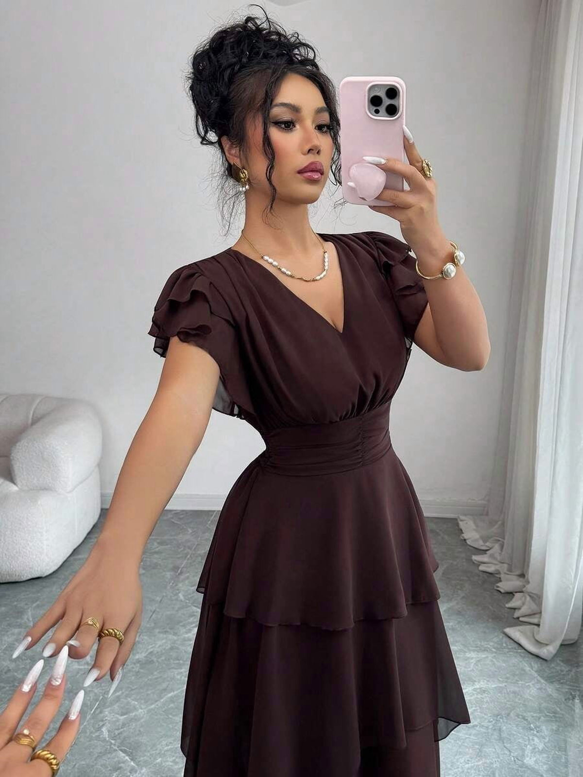 thumbnail image 5 of Womens Brown V-Neck Tiered Ruffle Maxi Dress Flutter Sleeve Asymmetric Hem, 5 of 7