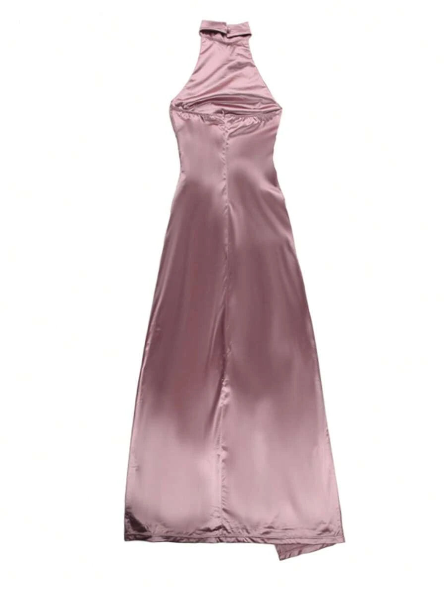 thumbnail image 2 of Sleeveless Halter Neck High-Slit Baby Pink Satin Cocktail Dress, 2 of 28