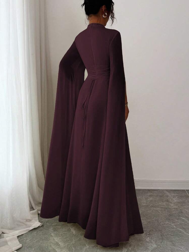thumbnail image 2 of Maroon Elegant Long Sleeve Cape Dress with Keyhole Neckline, 2 of 8
