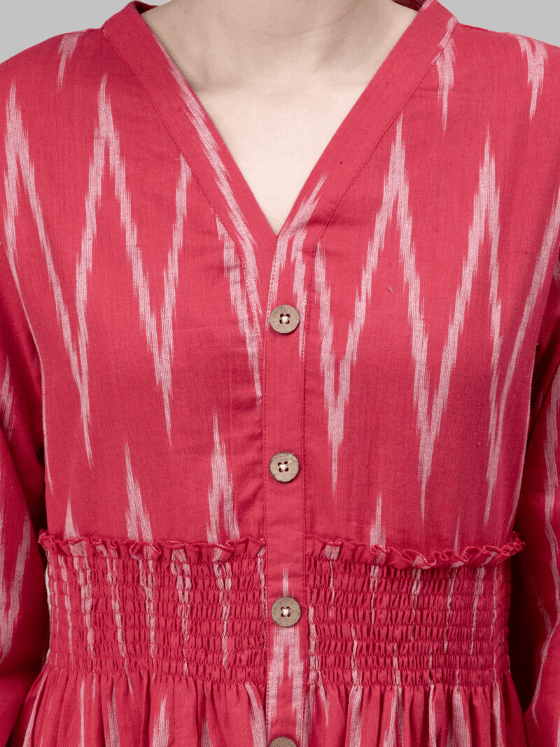 thumbnail image 4 of Entellus Ikkat Flared Knee Length Red Dress with V-Neck, Cotton Fabric, 4 of 4