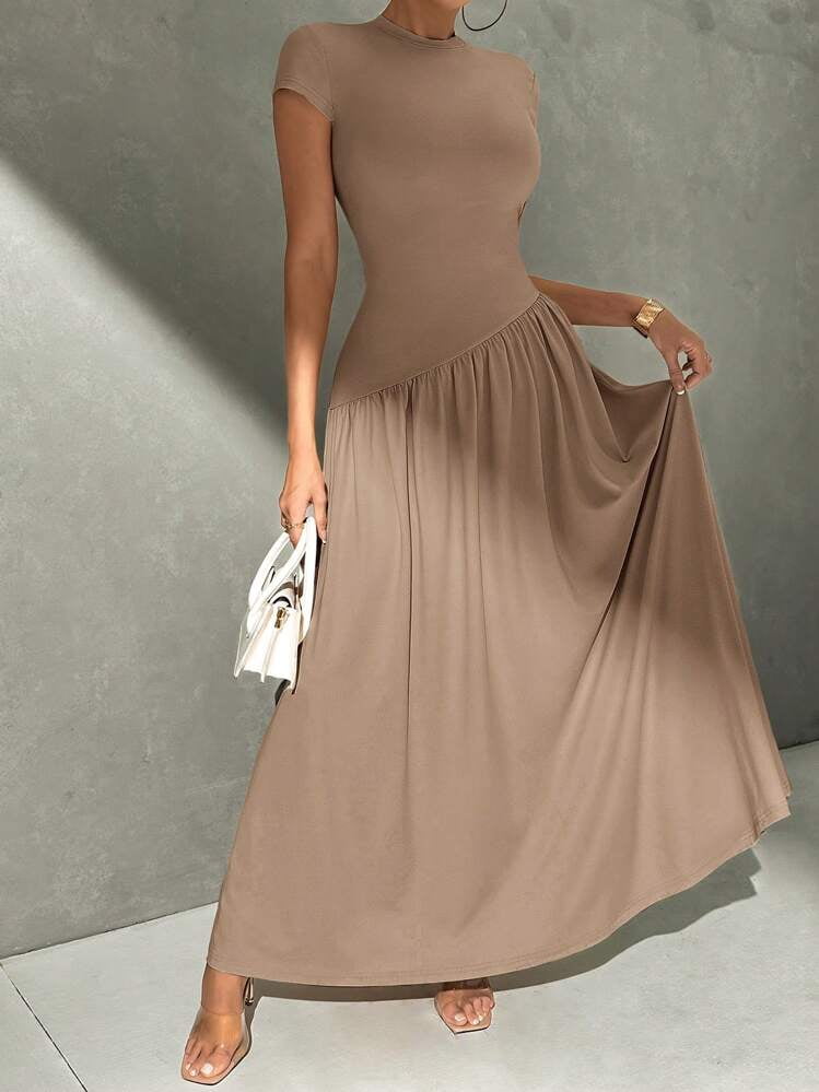 thumbnail image 3 of Khaki Short Sleeve Fitted Stand Collar A-Line Long Dress, 3 of 9