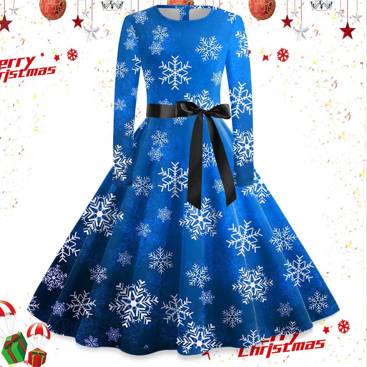 thumbnail image 2 of XIAOCHA Printed Christmas Midi Dress for Women Long Sleeve Snowflake Graphic Sash Tie Xmas Dress,Blue,Szie XXL, 2 of 3