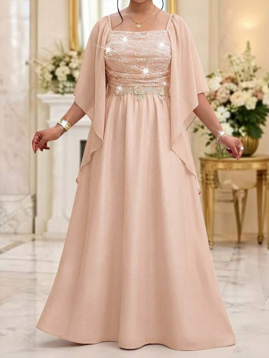 thumbnail image 7 of Plus Size Elegant Baby Pink Evening Dress With Lace Bodice And Cape, 7 of 7