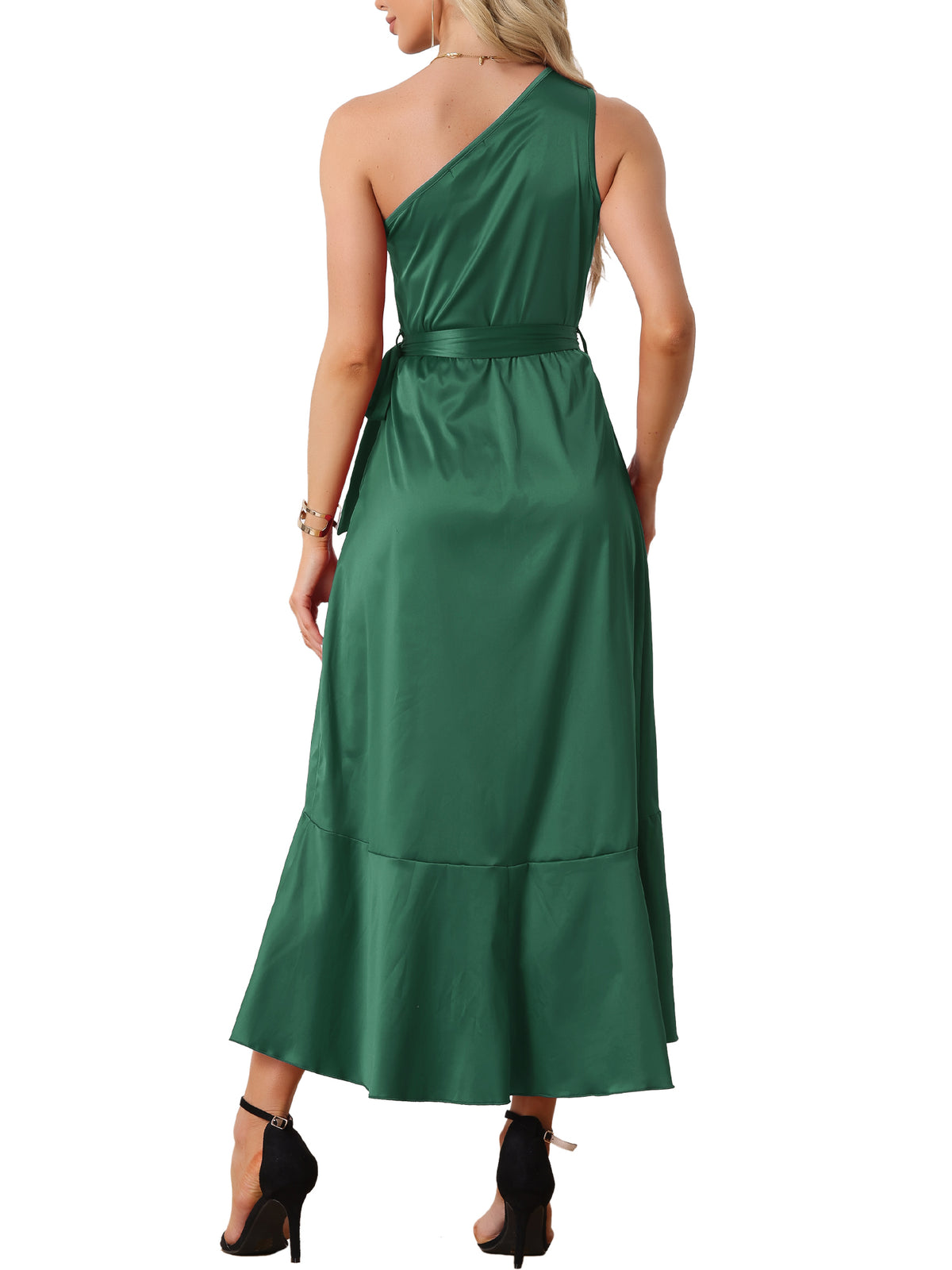 thumbnail image 3 of INSPIRE CHIC Women's Satin Sleeveless One Shoulder Belted Split Ruffle Evening Cocktail Dress XL Dark Green, 3 of 6