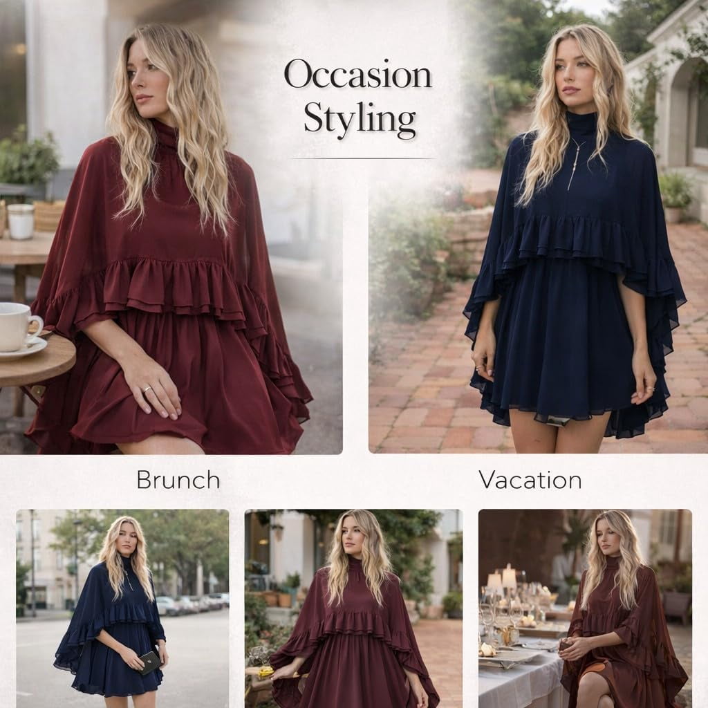 thumbnail image 5 of Women’s Semi Sheer Chiffon Ruffle Dress with Outer Cape, Poncho Sleeve Flowy Mini Dress, Loose Fit Elegant Summer Dress, 5 of 7