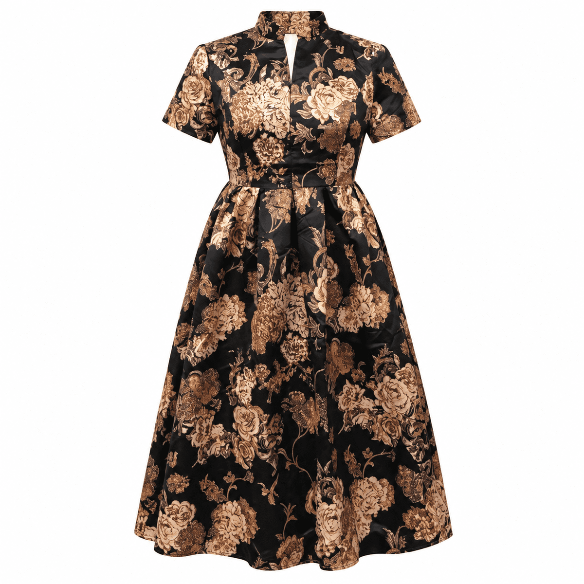 thumbnail image 4 of Women's Vintage Gold Peony Satin Midi Dress Mandarin Collar Short Puff Sleeve Hidden Pockets A-Line Dress, 4 of 6