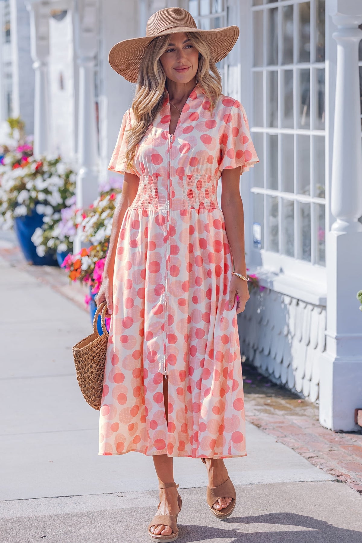 thumbnail image 6 of Women's Pink Polka Dot Maxi Dress – Elegant High Waist A-Line Long Dress with Smocked Waist, XL, 6 of 12