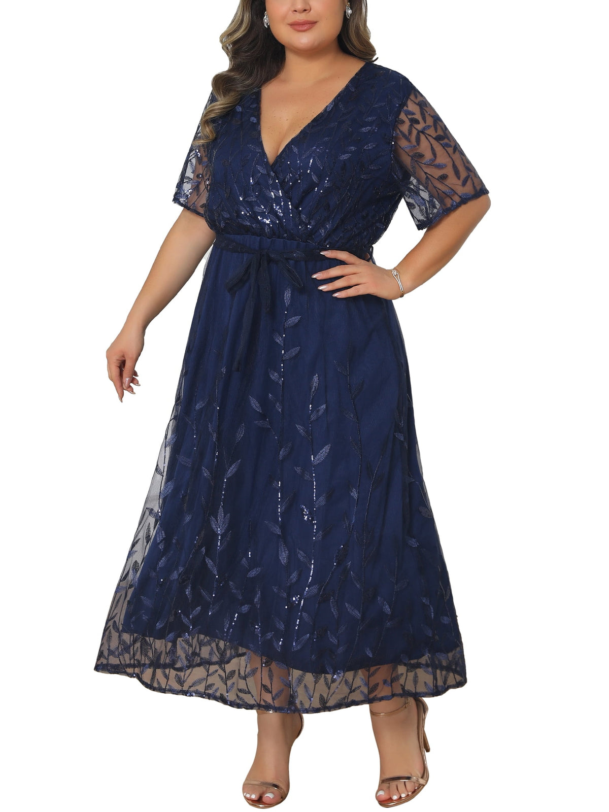 thumbnail image 7 of Agnes Orinda Women's Plus Size Wedding Guest Dress Sequin Printed Pattern Wrap V Neck Short Sleeve Cocktail Party Prom Long Dresses with Tie Waist 1X Navy Blue, 7 of 7