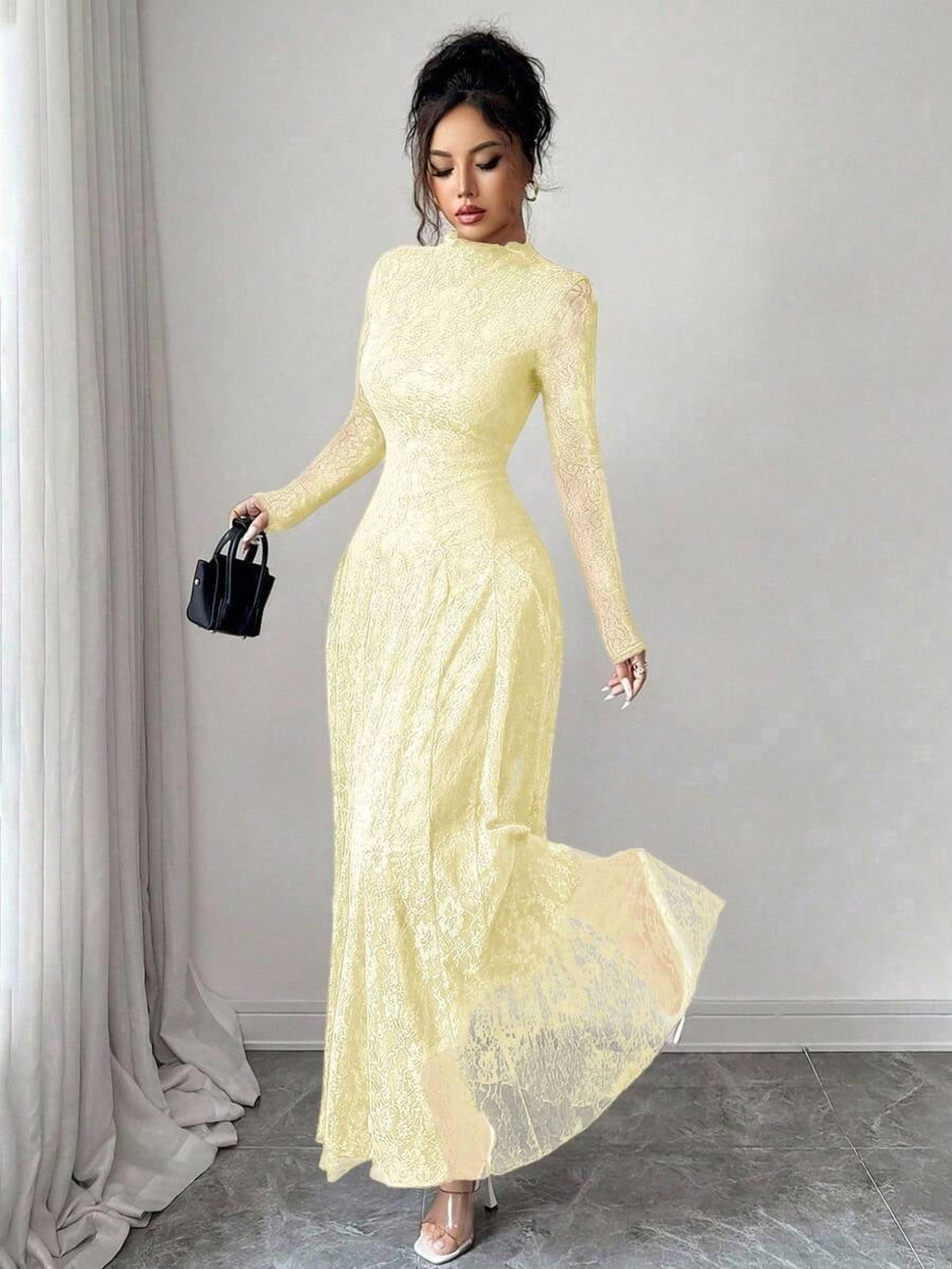 thumbnail image 5 of Light Yellow High Neck Sheer Floral Lace Long Sleeve Maxi Dress, Flowy, 5 of 5