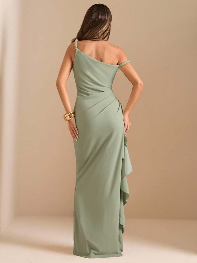 thumbnail image 4 of Sage Green One Shoulder Ruffle Wrap Maxi Dress, 4 of 7