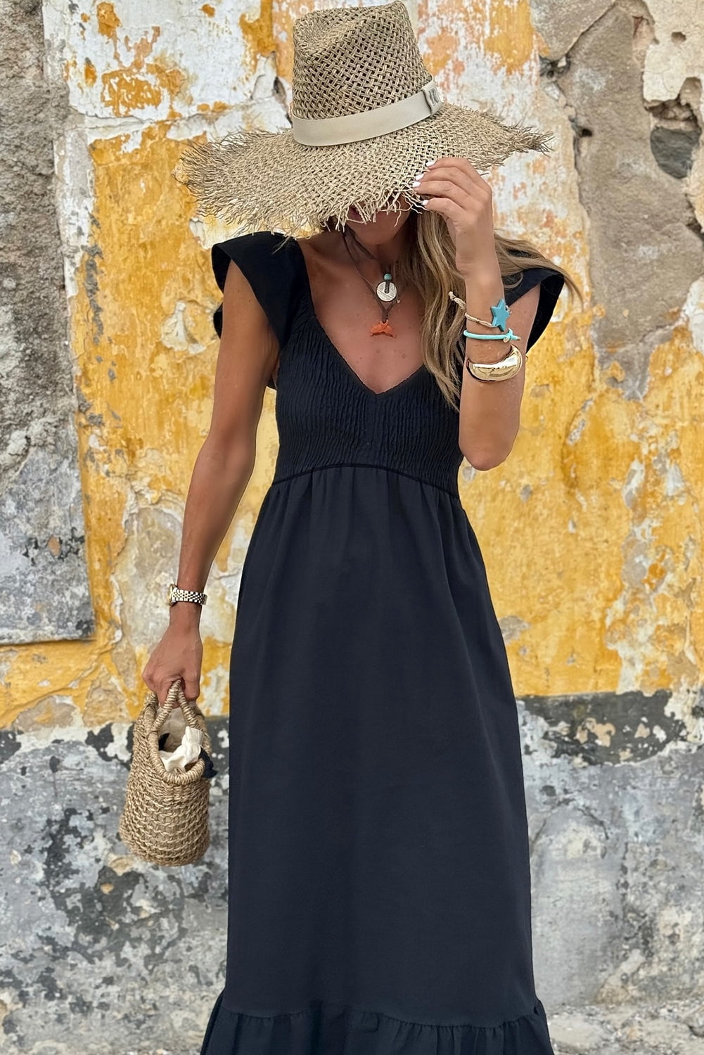 thumbnail image 5 of Black V Neck Flutter Sleeve Smocked Bodice High Waist Ruffle Maxi Dress, 5 of 19