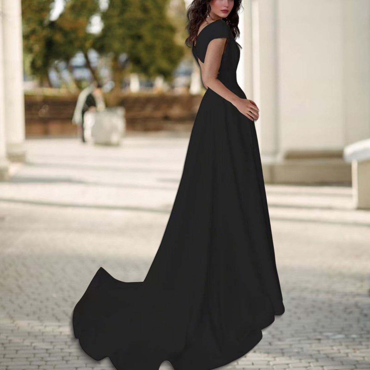 thumbnail image 6 of Joernso Women's Off Shoulder High Split Maxi Dress V Neck Long Prom Dress Formal Cocktail Party Evening Gown with Train, 6 of 8