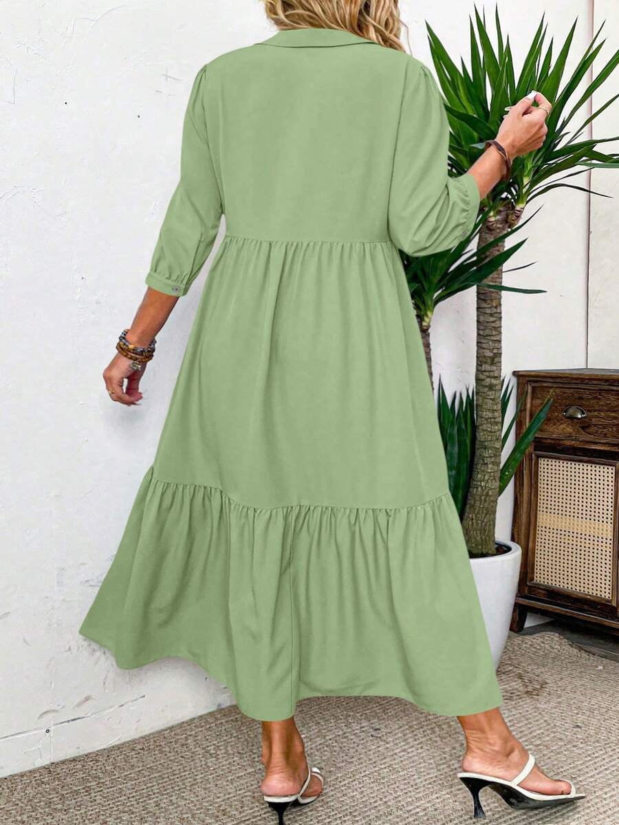 thumbnail image 2 of Plus Size Solid Green Midi Dress with Ruched Front and Button Detail, 2 of 6