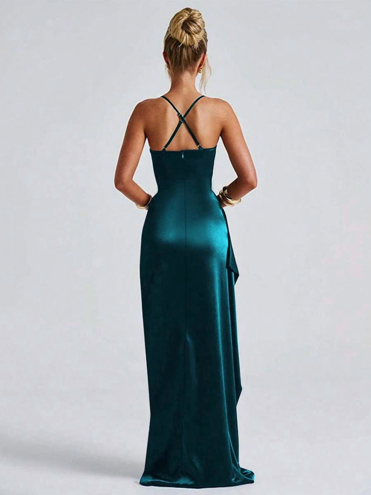 thumbnail image 2 of Womens Dark Green Satin Slip Dress, Elegant High Slit Maxi Gown For Party, 2 of 10
