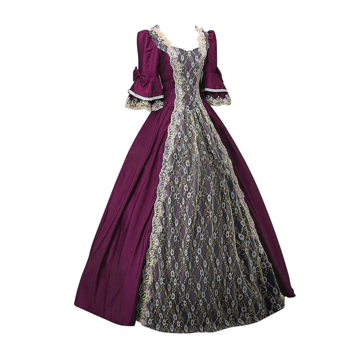 thumbnail image 3 of XIAOCHA Womens Rococo Royal Vintage Theme Floor Gown Three Quarter Bow Sleeve Voluminous Skirt Ball Banquet Maxi Dress, 3 of 5