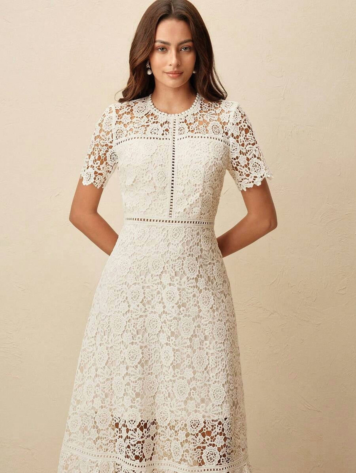 thumbnail image 5 of Apricot Lace Midi Dress with Short Sleeves, 5 of 8