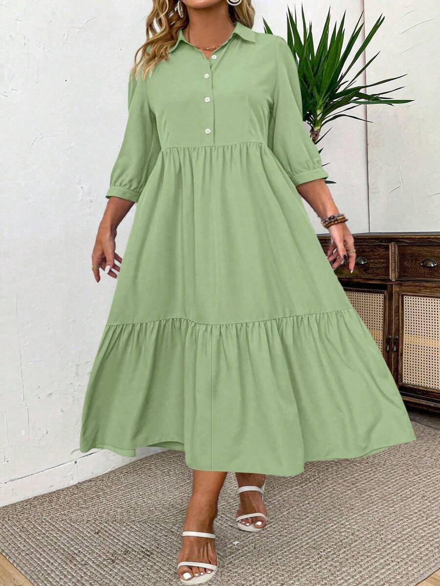 thumbnail image 6 of Plus Size Solid Green Midi Dress with Ruched Front and Button Detail, 6 of 6