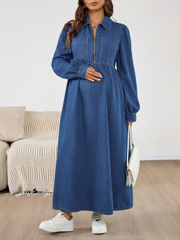 thumbnail image 4 of Blue Maternity Denim Dress with Front Zipper and Collar, 4 of 7