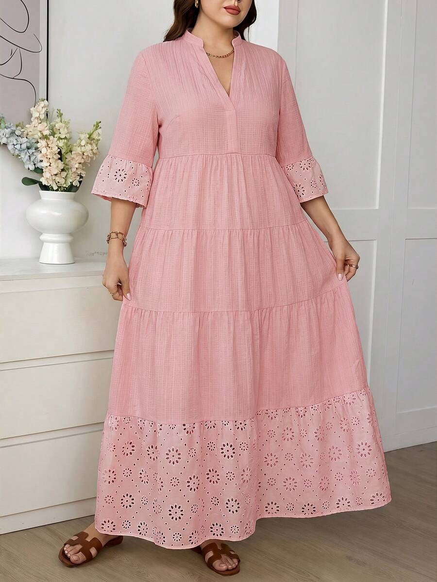 thumbnail image 3 of Women Pink V-Neck Tiered Hollow Embroidery Long Sleeve Maxi Dress, 3 of 6