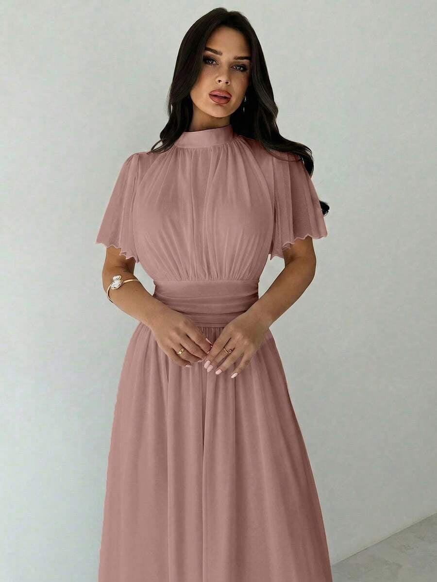 thumbnail image 4 of Womens Elegant Dusty Pink Pleated High Waist A-Line Maxi Dress, Stand, 4 of 6