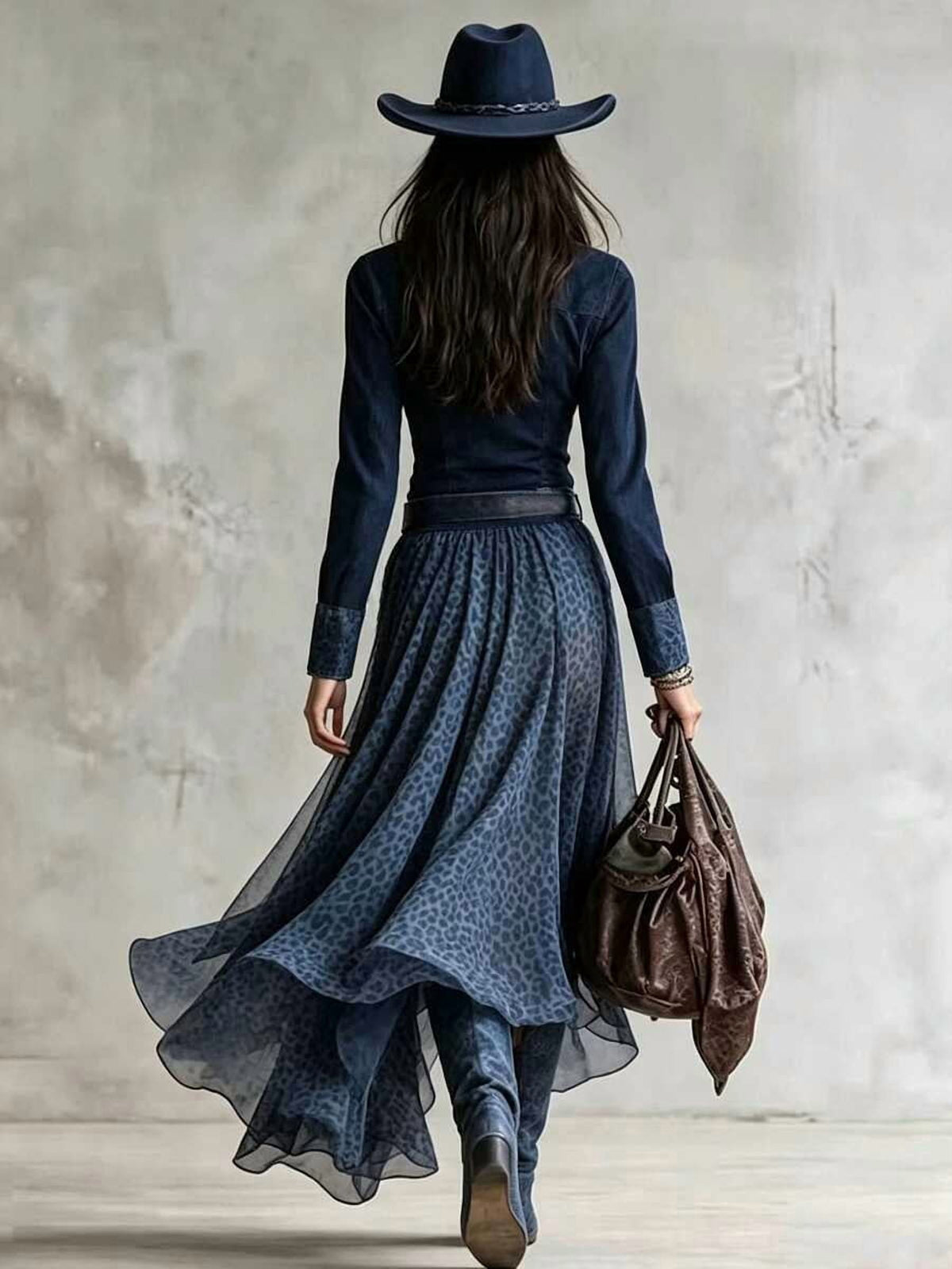 thumbnail image 2 of Womens Vintage Blue Denim Shirt Dress with Leopard Print Asymmetrical Hem, 2 of 5