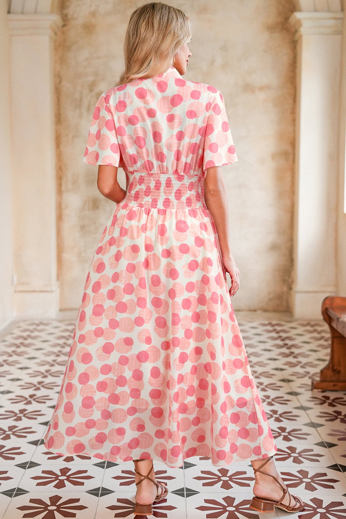 thumbnail image 2 of Women's Pink Polka Dot Maxi Dress – Elegant High Waist A-Line Long Dress with Smocked Waist, XL, 2 of 12