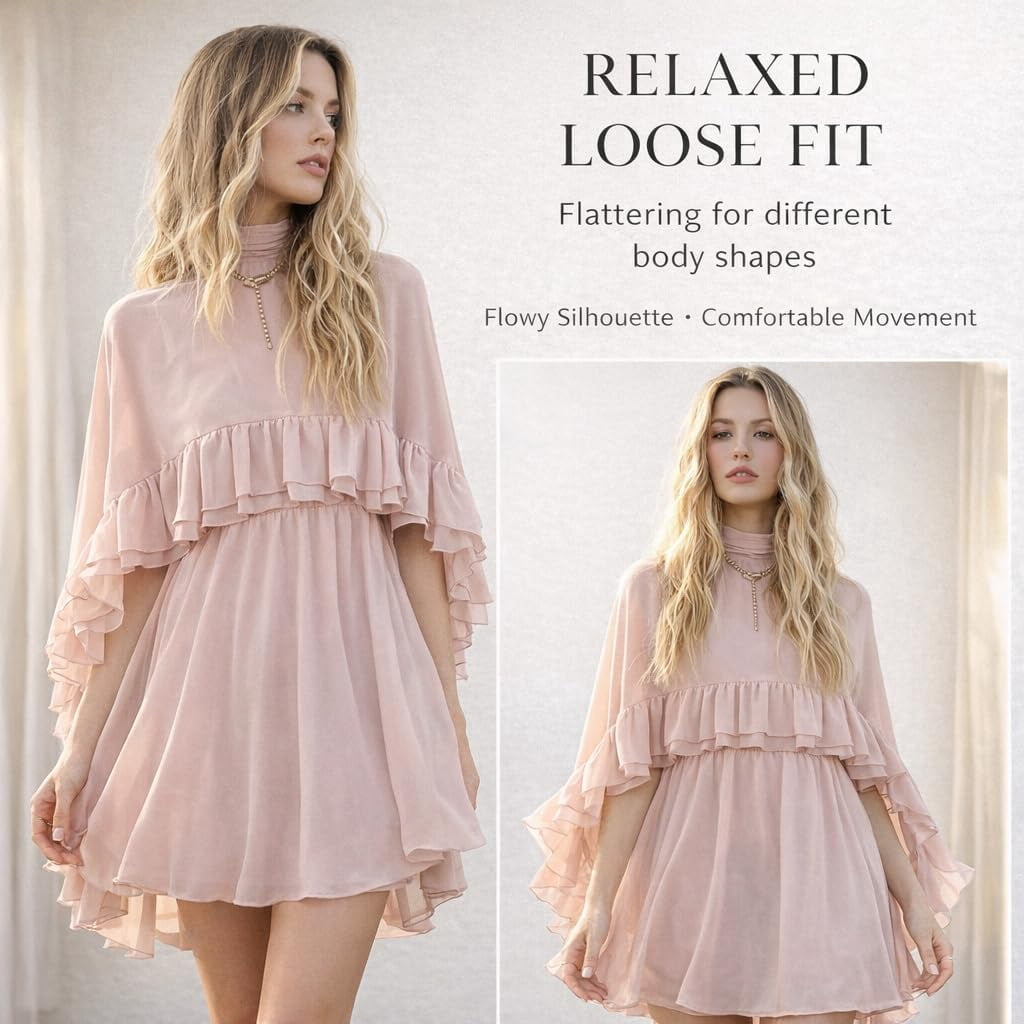thumbnail image 3 of Women’s Semi Sheer Chiffon Ruffle Dress with Outer Cape, Poncho Sleeve Flowy Mini Dress, Loose Fit Elegant Summer Dress, 3 of 7
