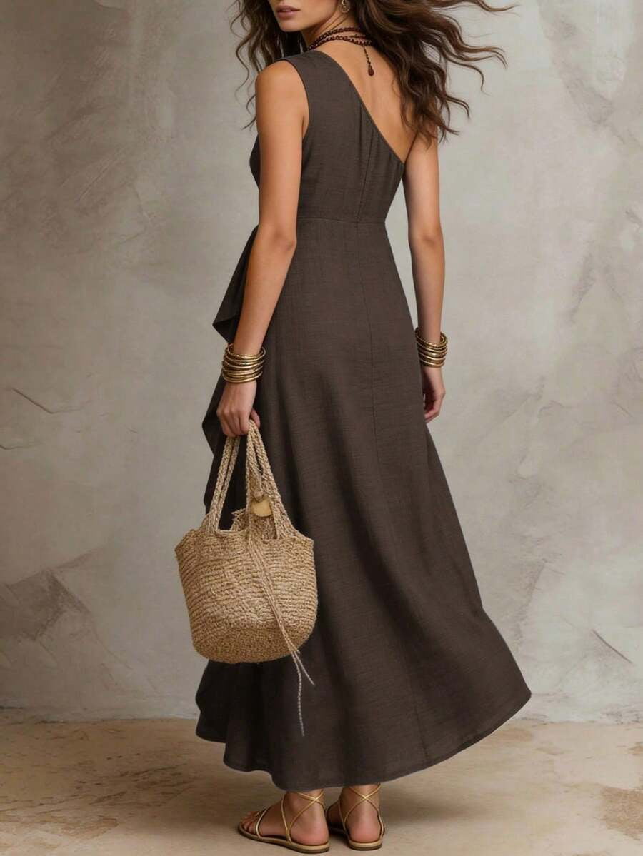 thumbnail image 2 of Womens Coffee Brown One Shoulder Sleeveless Ruffle Maxi Dress, 2 of 5
