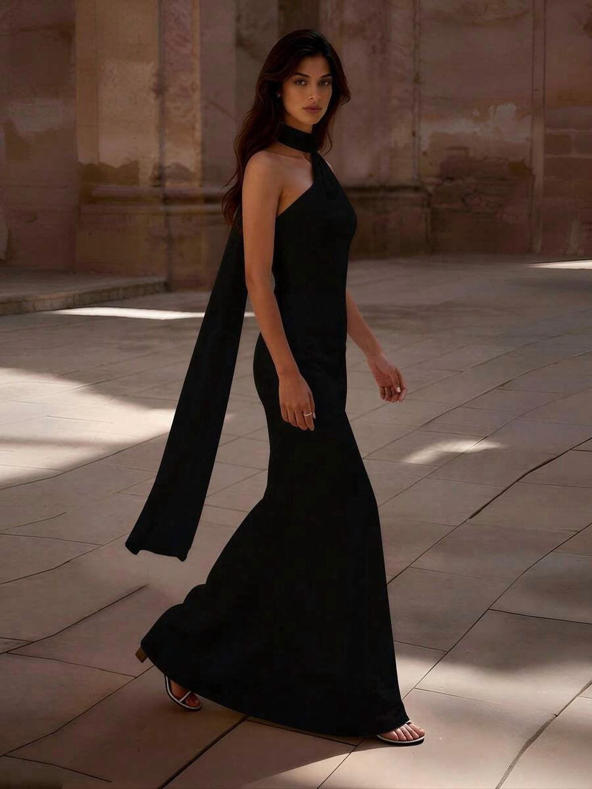 thumbnail image 4 of Women Black One Shoulder Backless Mermaid Evening Dress, 4 of 5