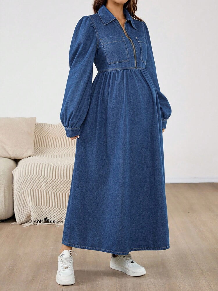thumbnail image 3 of Blue Maternity Denim Dress with Front Zipper and Collar, 3 of 7