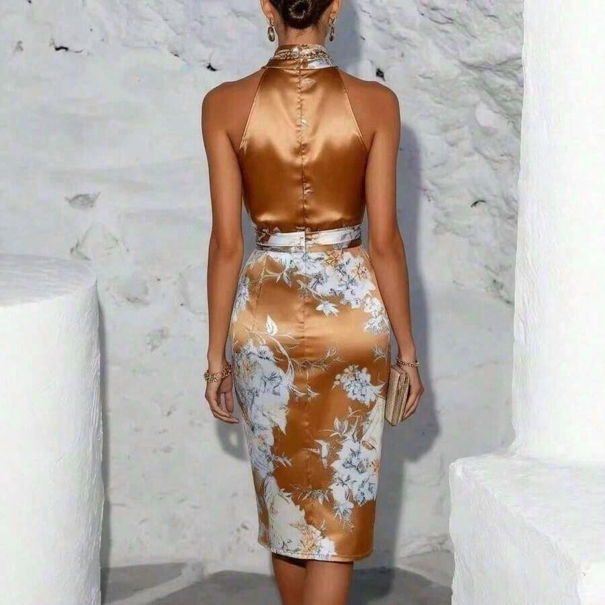 thumbnail image 2 of Floral Print Satin Halter Neck Midi Dress In Bronze Gold, 2 of 7