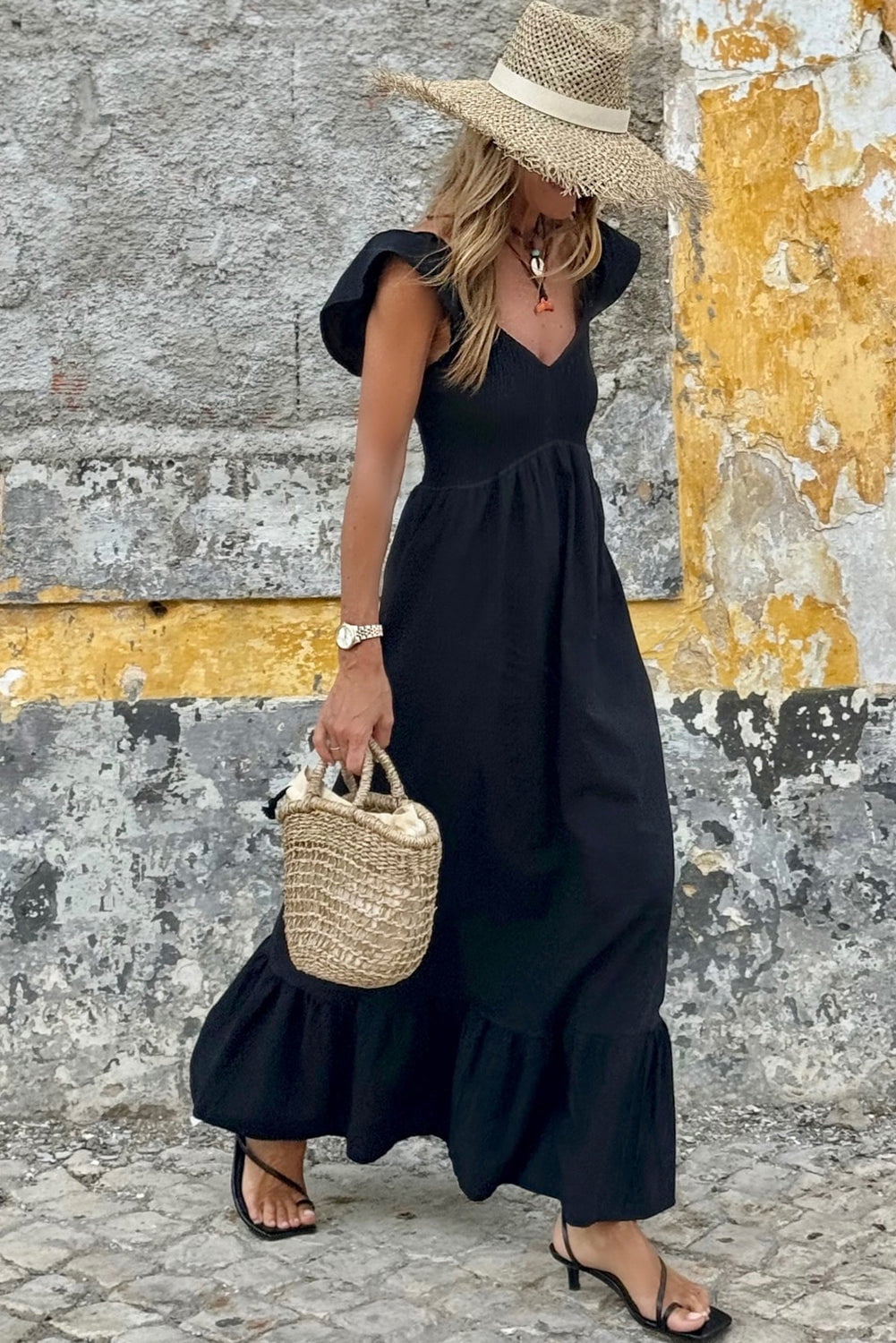 thumbnail image 4 of Black V Neck Flutter Sleeve Smocked Bodice High Waist Ruffle Maxi Dress, 4 of 19