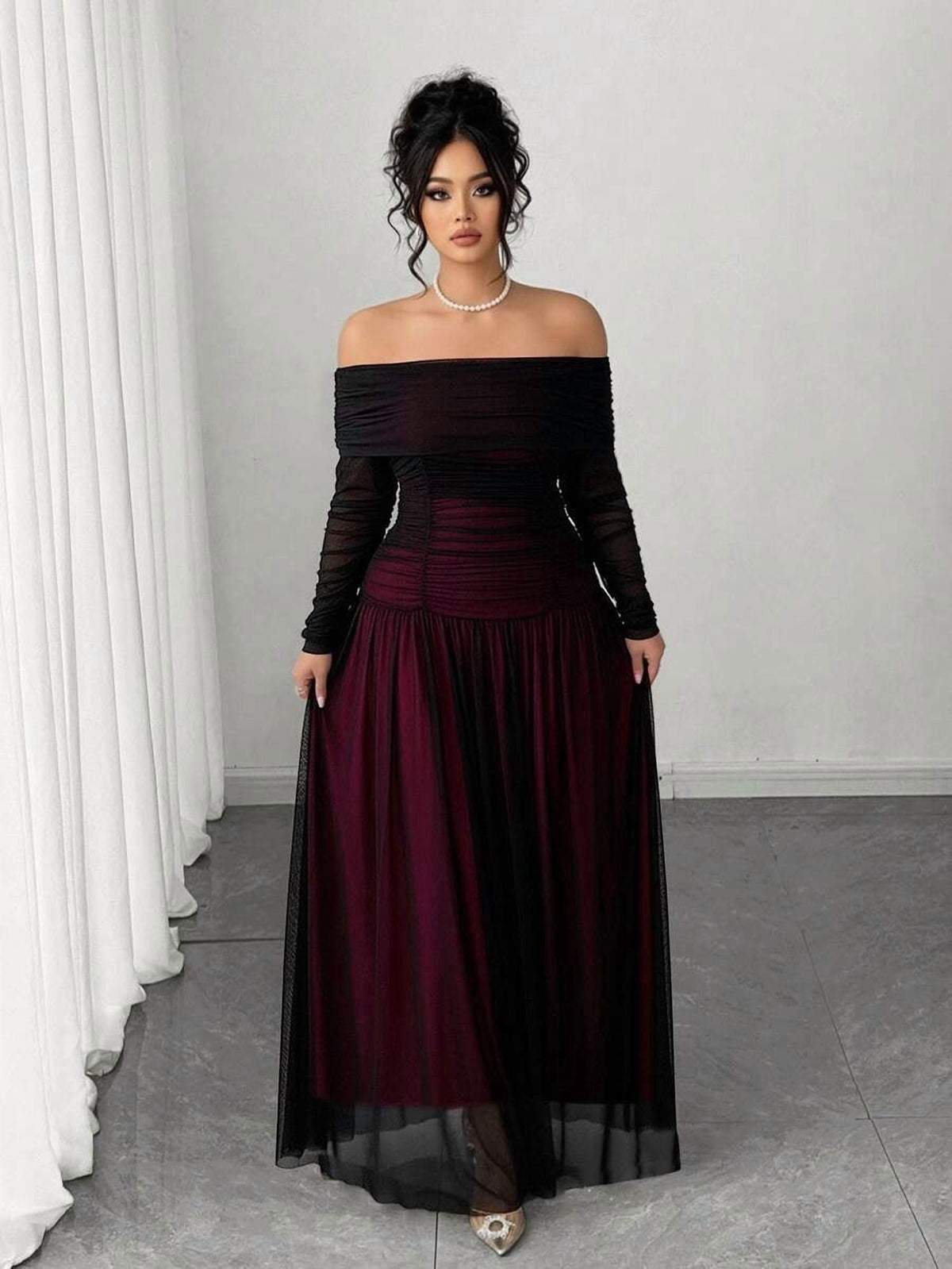 thumbnail image 3 of Multicolor Elegant Off-Shoulder Long Sleeve Bodycon Dress, 3 of 7