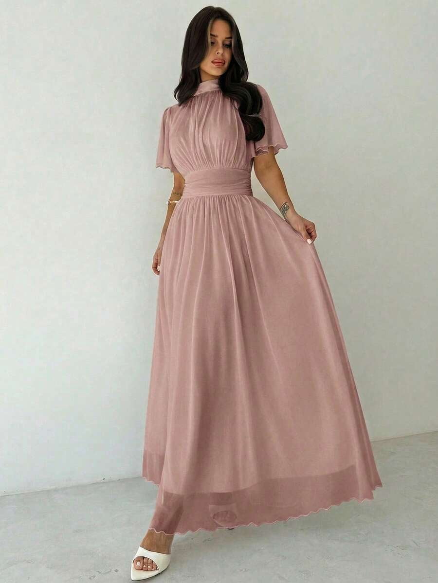 thumbnail image 3 of Womens Elegant Dusty Pink Pleated High Waist A-Line Maxi Dress, Stand, 3 of 6