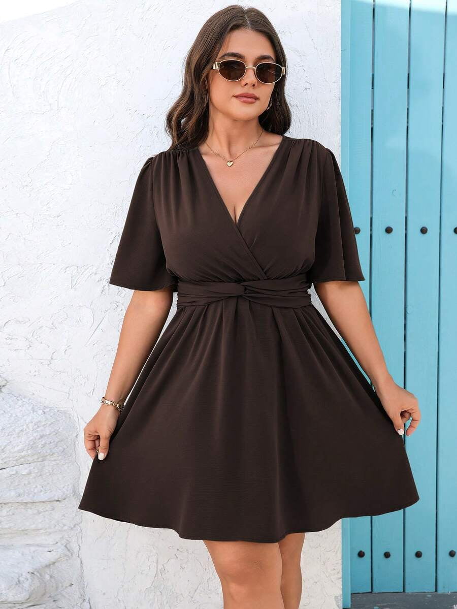 thumbnail image 4 of Chocolate Brown Dress With Twist Waist And Flare Sleeves, 4 of 6
