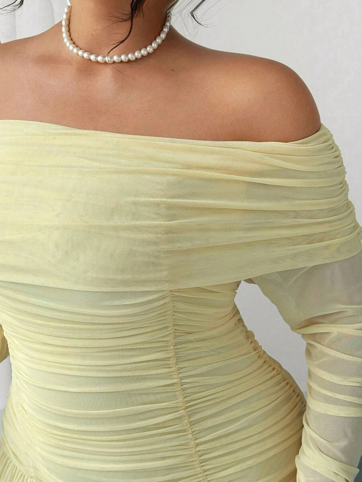 thumbnail image 5 of Elegant Yellow Off-Shoulder Long Sleeve Ruched Bodycon Maxi Dress, 5 of 5
