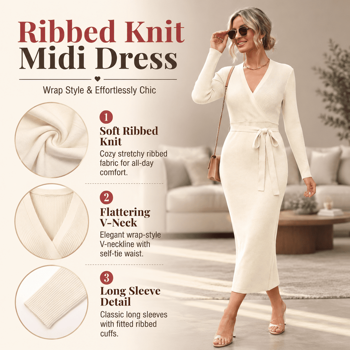 thumbnail image 6 of Women's Long Sleeve Wrap V-Neck Midi Dress, Dark Grey-Medium, 6 of 6