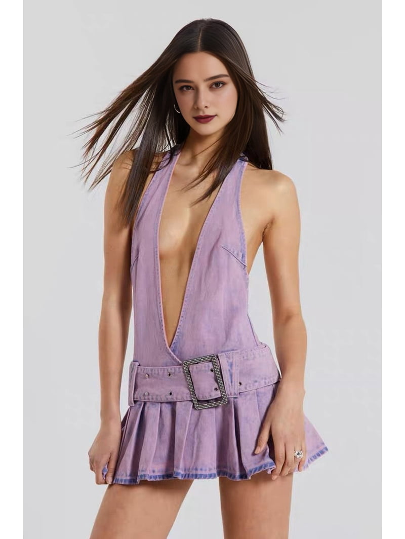 thumbnail image 6 of Womens Denim Mini Dress Off Shoulder Deep V Neck Pleated Jean Short Dresses for Party Club Pale L, 6 of 9