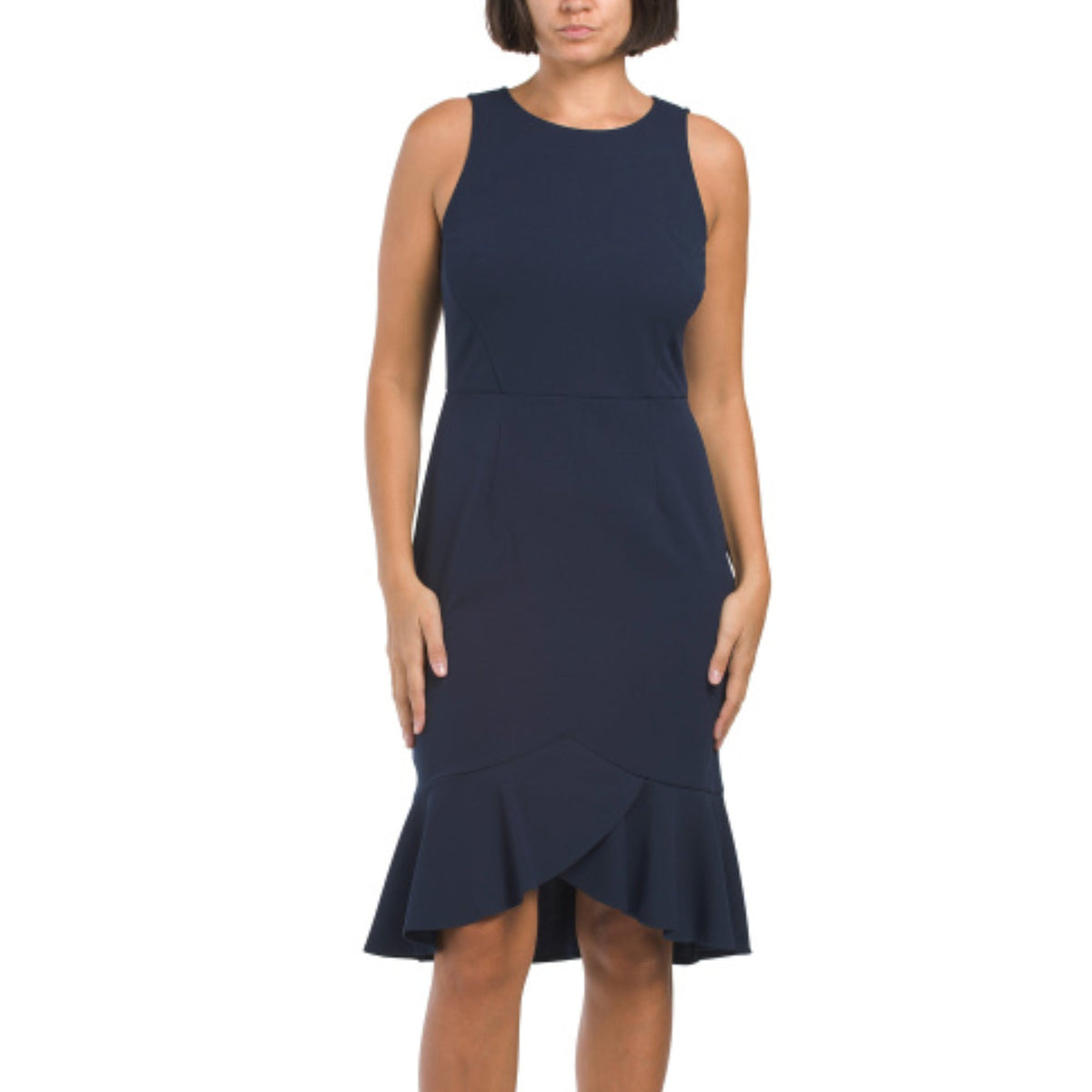 thumbnail image 5 of London Times Women's Scuba Crepe Ruffle Hi-low Hem Midi Dress-Navy / 14, 5 of 6