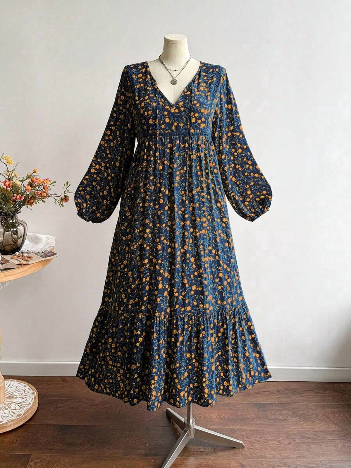 thumbnail image 4 of Dark Blue Plus Size Autumn Floral V-Neck Long Sleeve Tiered Maxi Dress, 4 of 9