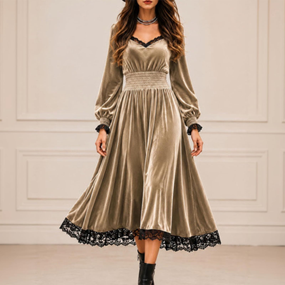 thumbnail image 4 of Womens Dresses Elegant Lace Velvet Evening Gown Semi Formal Fall Celebration Party Long Dress with Gold Detailing, 4 of 7