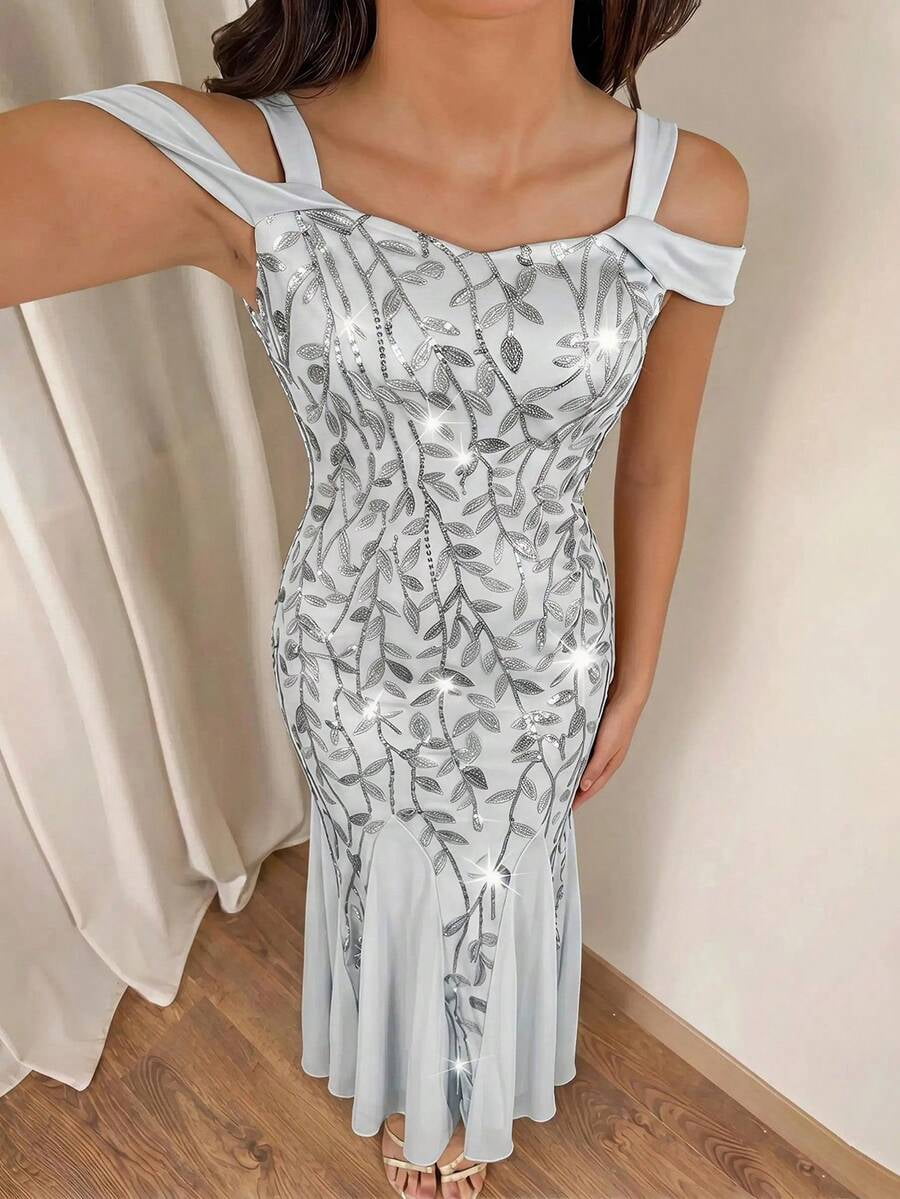 thumbnail image 3 of White Sequin Off-Shoulder Mermaid Gown, Sparkle Party Dress, 3 of 10