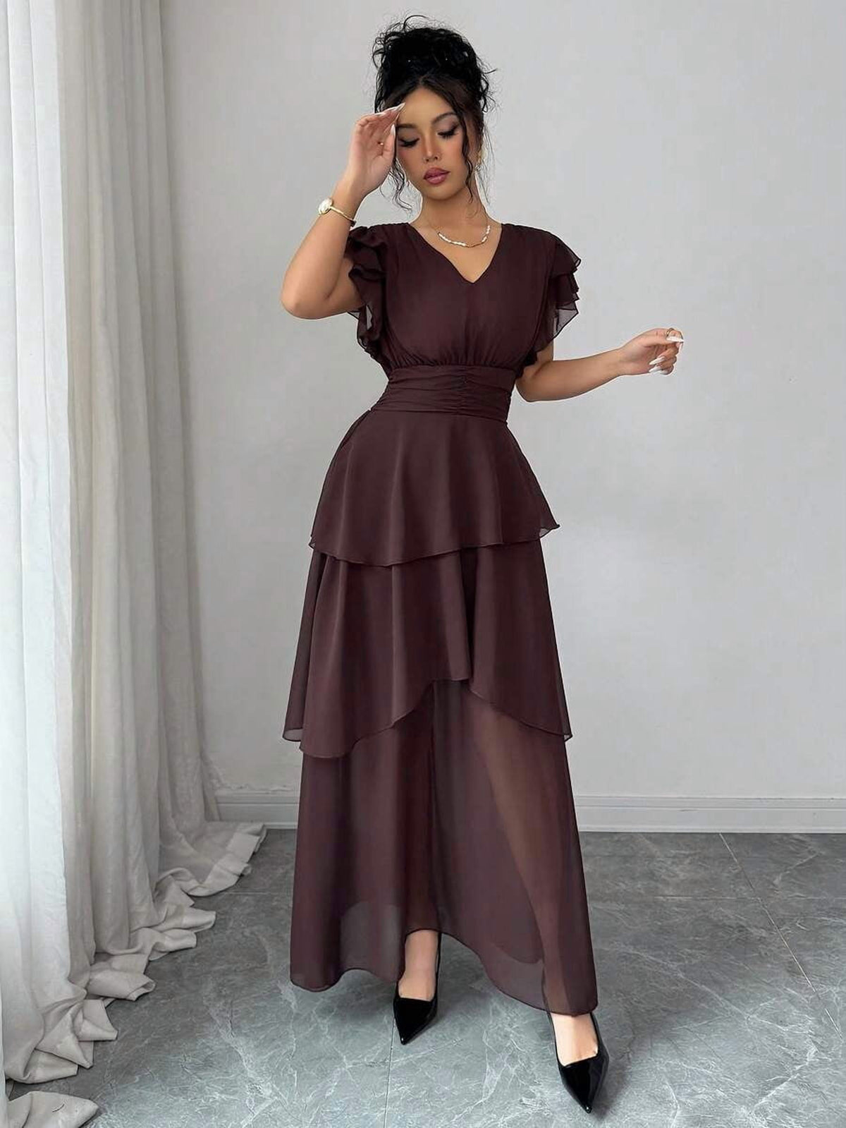 thumbnail image 7 of Womens Brown V-Neck Tiered Ruffle Maxi Dress Flutter Sleeve Asymmetric Hem, 7 of 7